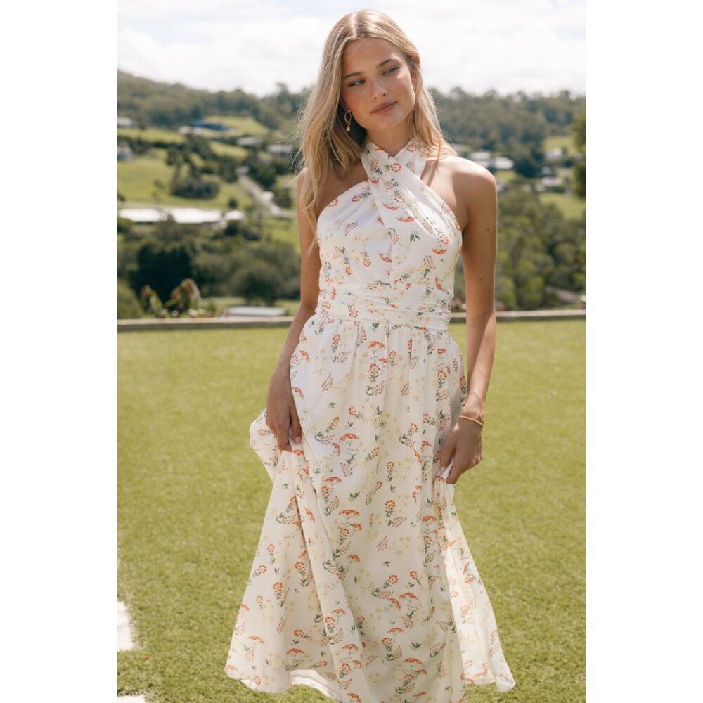 Petal & Pup Allora Halter Dress - White with Yellow Floral, Size Medium